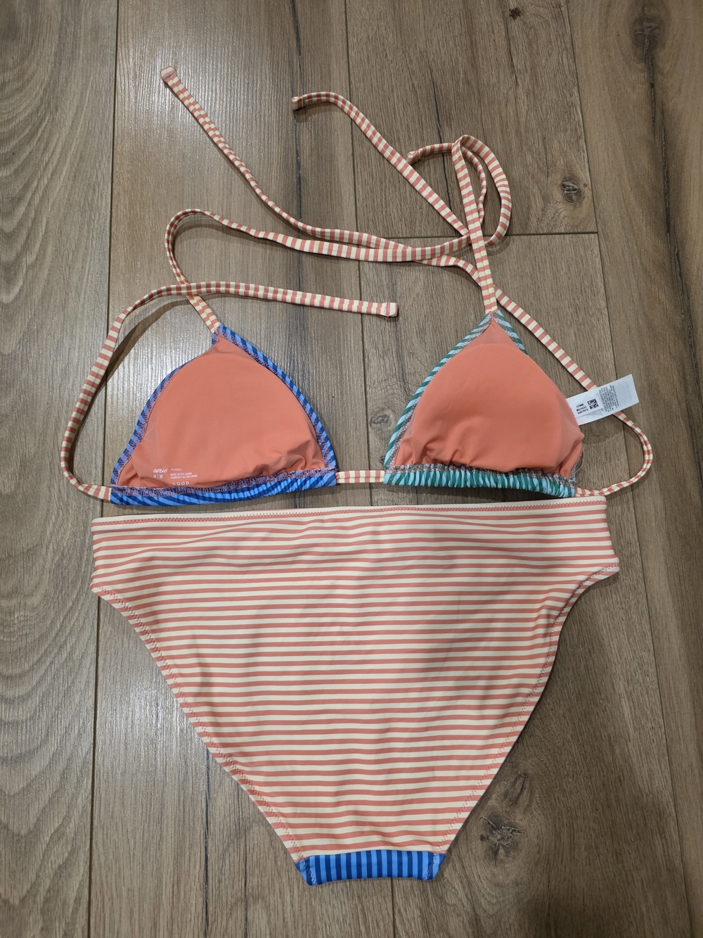 Women Striped Two-Piece Bikini - Blue, Teal & Coral - Picture 2 of 3